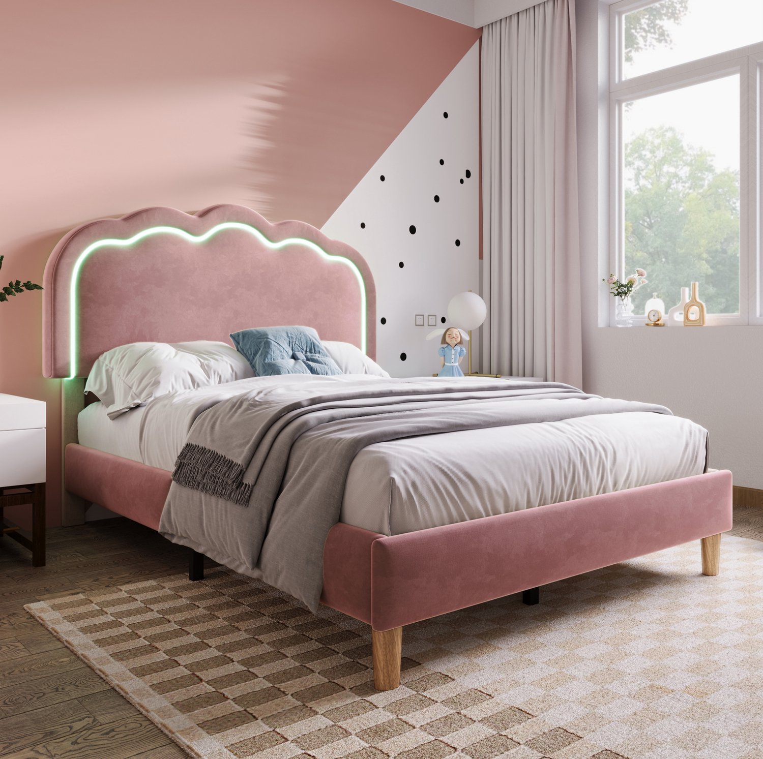Eenpersoonsbed 90 x 200 cm met LED-hoofdbord, lattenbodem, velours roze
