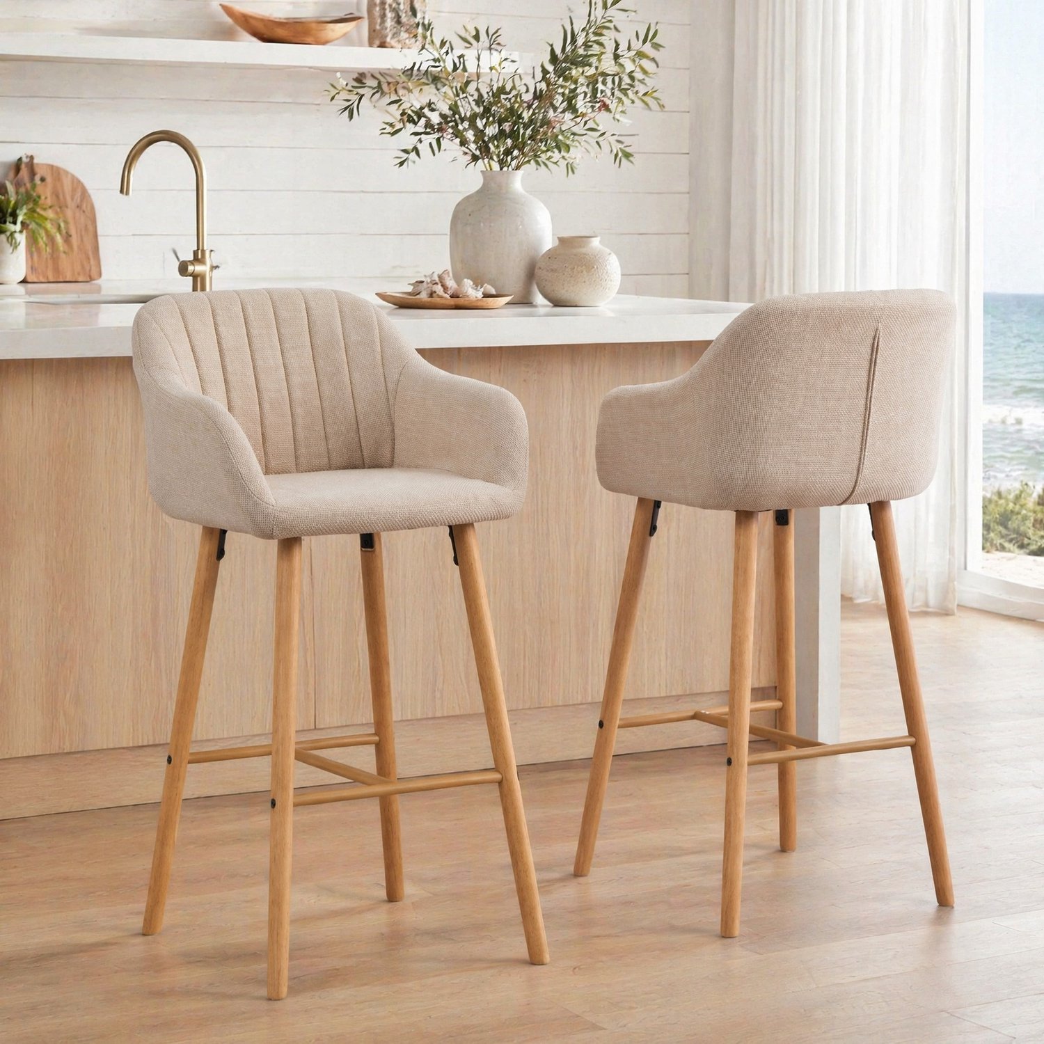 CHICFURN Barkruk - Hoge rugleuning - Set van 2 - Beige