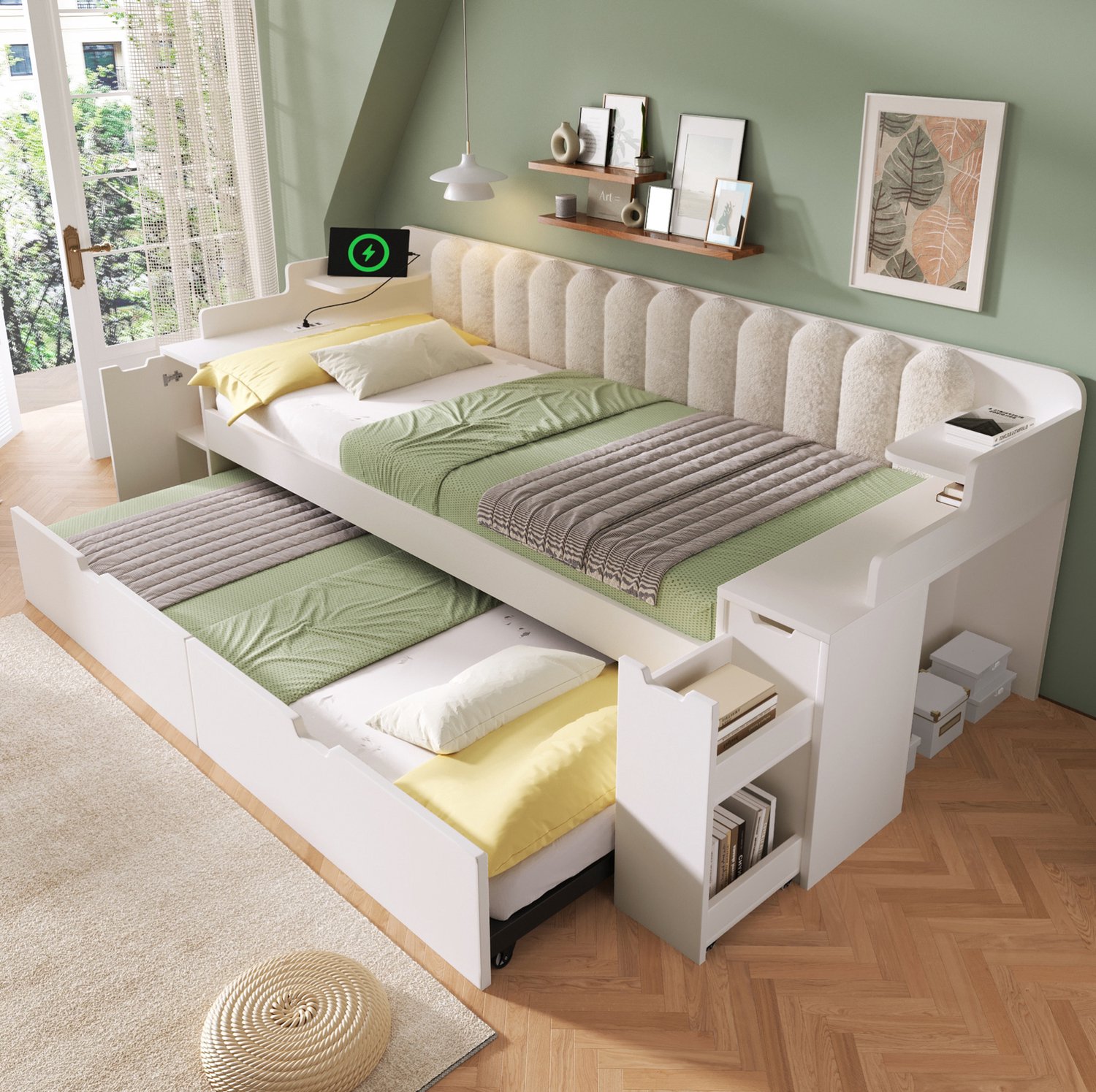 DESMIU Bedbank 90 x 200 cm – Uitschuifbed Met Oplaadstation – Opbergruimte En Boekenwagen – Zonder Matras – MDF En Metaal – Wit