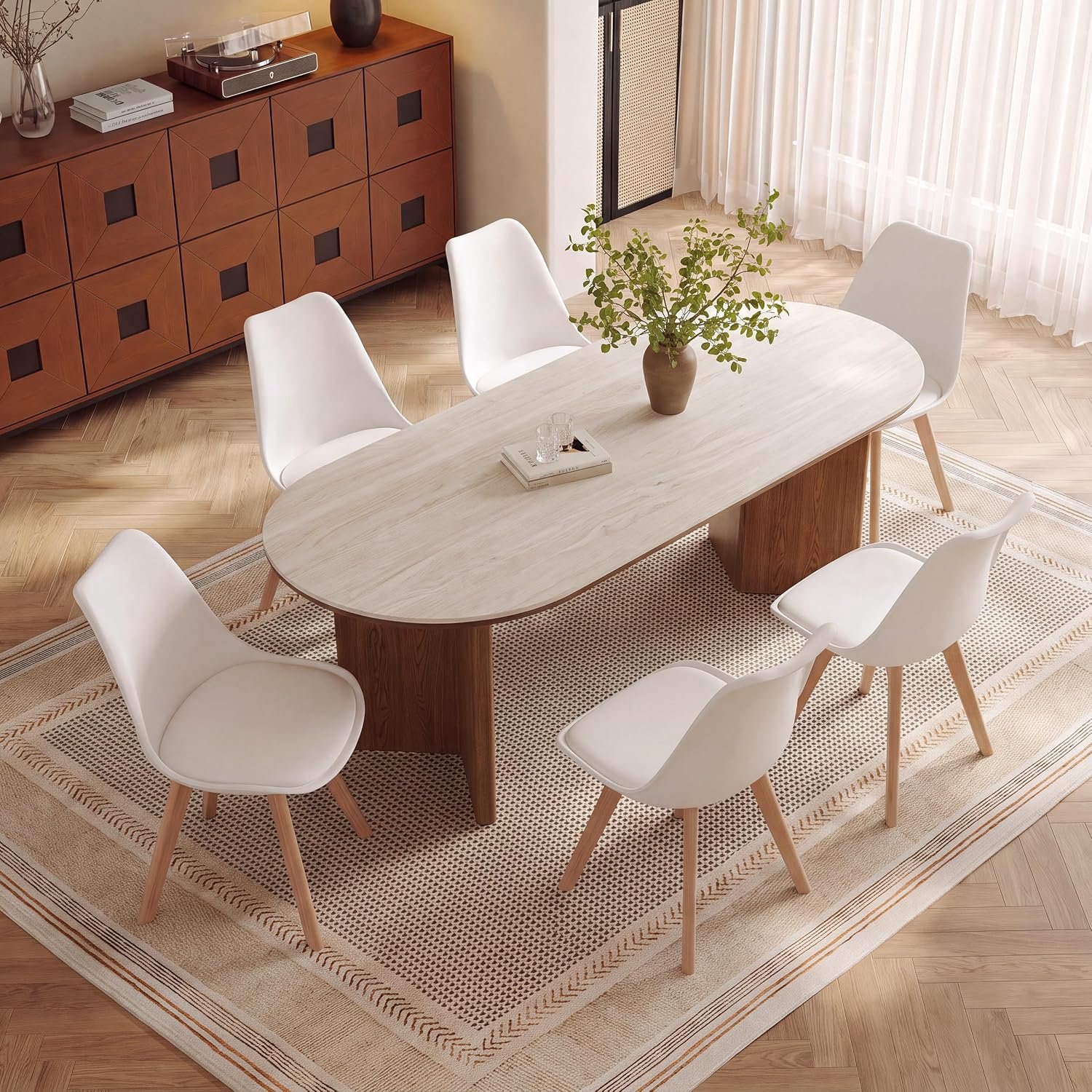 Set van 6 Witte Eetkamerstoelen met Ergonomische Rugleuning, Massief Houten Poten en Afneembare Zitkussens – Moderne Keukenstoelen van 41 x 42 x 83 cm
