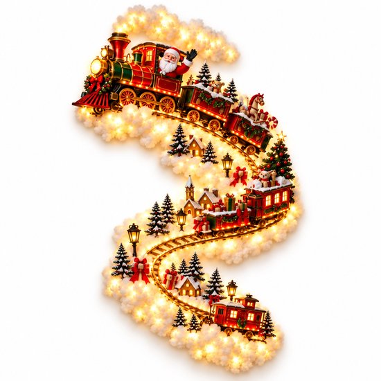 Train de Noël illuminé en forme de S avec Père Noël, maisons enneigées, arbres et lumières LED chaudes.
