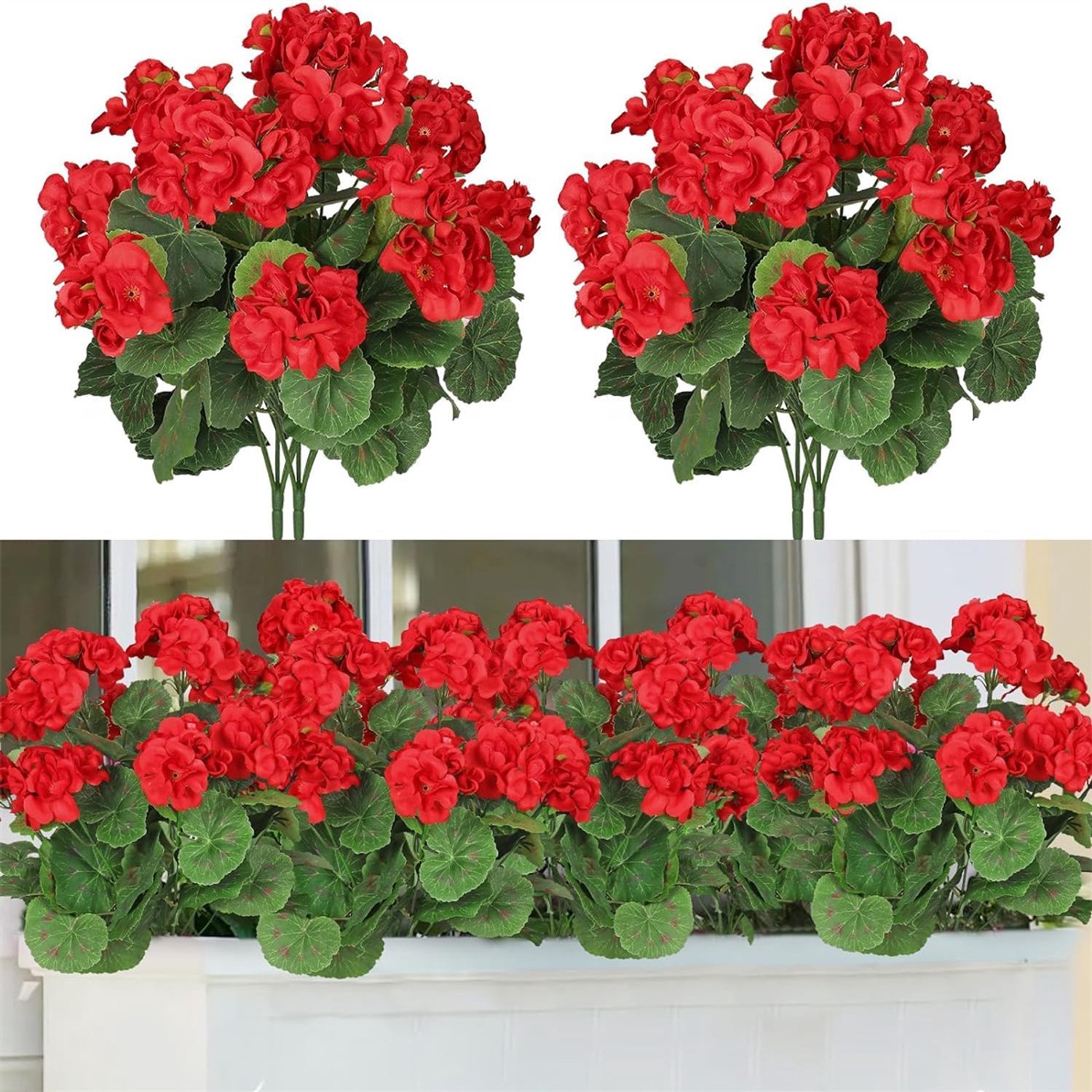 4 stuks kunstmatige geraniumbloemen, UV-bestendige kunstbloemen voor buiten, Realistische kunstgeraniums in een boeket voor huis, tuin, bruiloft, binnen- en buitendecoratie, Rood