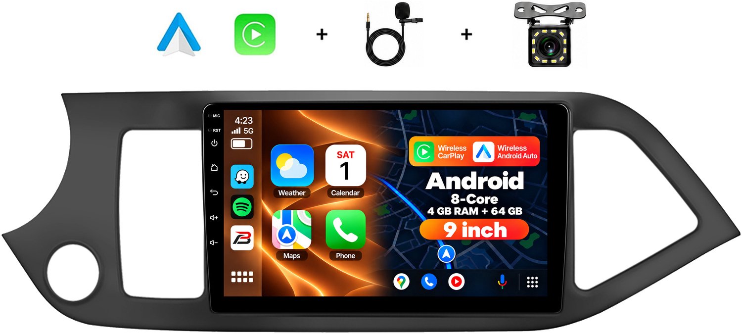 Boscer 2 Din Android 15 Autoradio - Geschikt voor Kia Picanto (2011-2017) - Draadloos Apple Carplay & Android Auto - 8-Core 4+64GB - Interne Koeling - 9 Inch HD IPS Touchscreen - GPS Navigatie - WIFI, Bluetooth & USB - Achteruitrijcamera & Microfoon