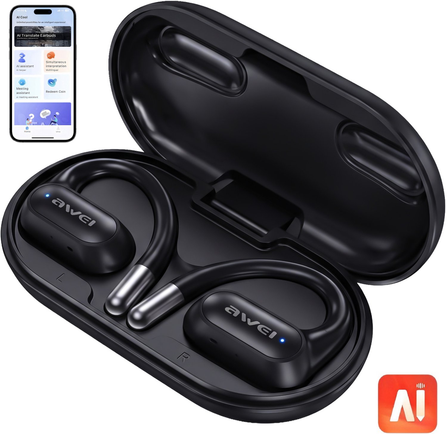 AWEI T93 - Sport Oordopjes - Open-Ear Oorclips - Draadloos Bluetooth Clip On Design - AI-vertaalfunctie - ENC Ruisonderdrukking - IPX6 - 40 Uur Batterijduur - voor Hardlopen - Zwart