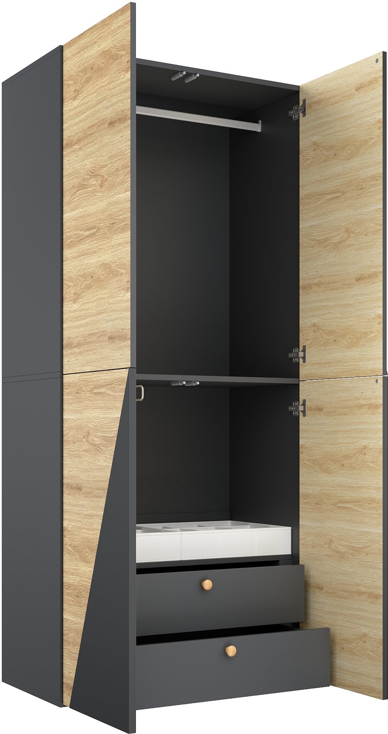 Kledingkast met draaideuren - 90 x 50 x 200 cm - Kledingroede en broekenhouder - 2 lades en opbergbox - Houtlook en donkergrijs - MDF en staal