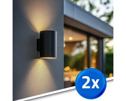 RexTech Solar wandlamp buiten 'Sverre' rond - Voordeelset van 2 stuks - Up down light - Warm wit licht (2700K) - Aluminium behuizing - IP54 - Zwart
