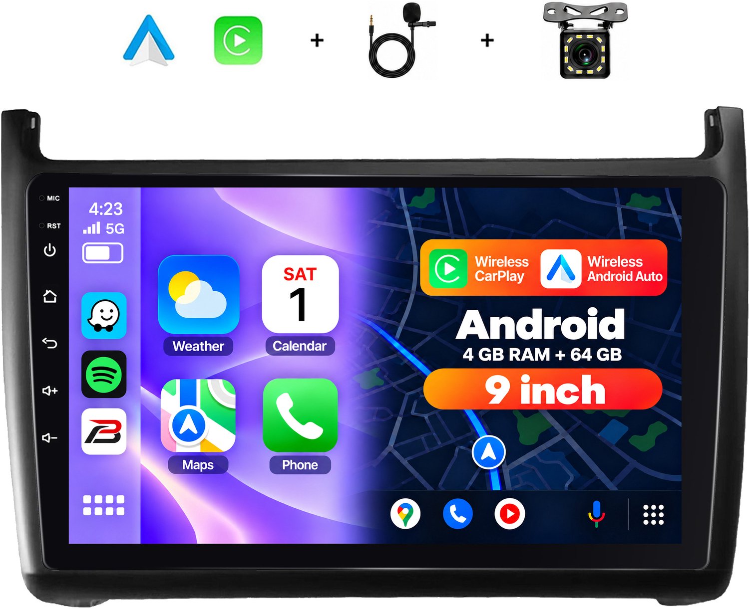 Boscer 2 Din Android 15 Autoradio - Geschikt voor Volkswagen Polo (2011-2016) - Draadloos Apple CarPlay & Android Auto - 4+64GB - 9 Inch HD Touchscreen - GPS Navigatie - WiFi, Bluetooth & USB - Achteruitrijcamera & Microfoon