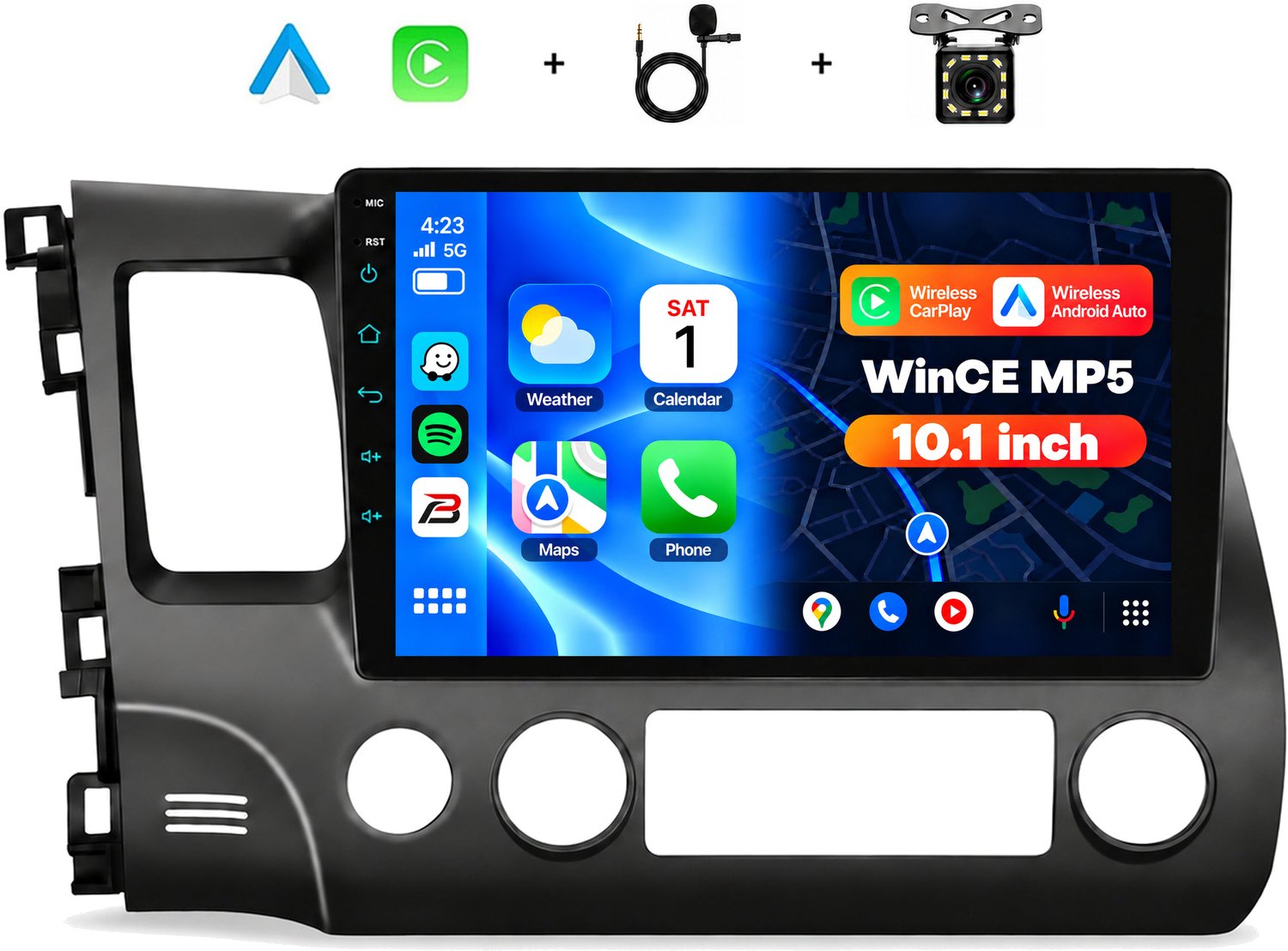 Boscer 2 Din Autoradio met Draadloos Apple CarPlay & Android Auto - Geschikt voor Honda Civic (2006-2011) - 10 Inch IPS Scherm - Bluetooth, Handsfree Bellen & FM Radio - Achteruitrijcamera & Microfoon