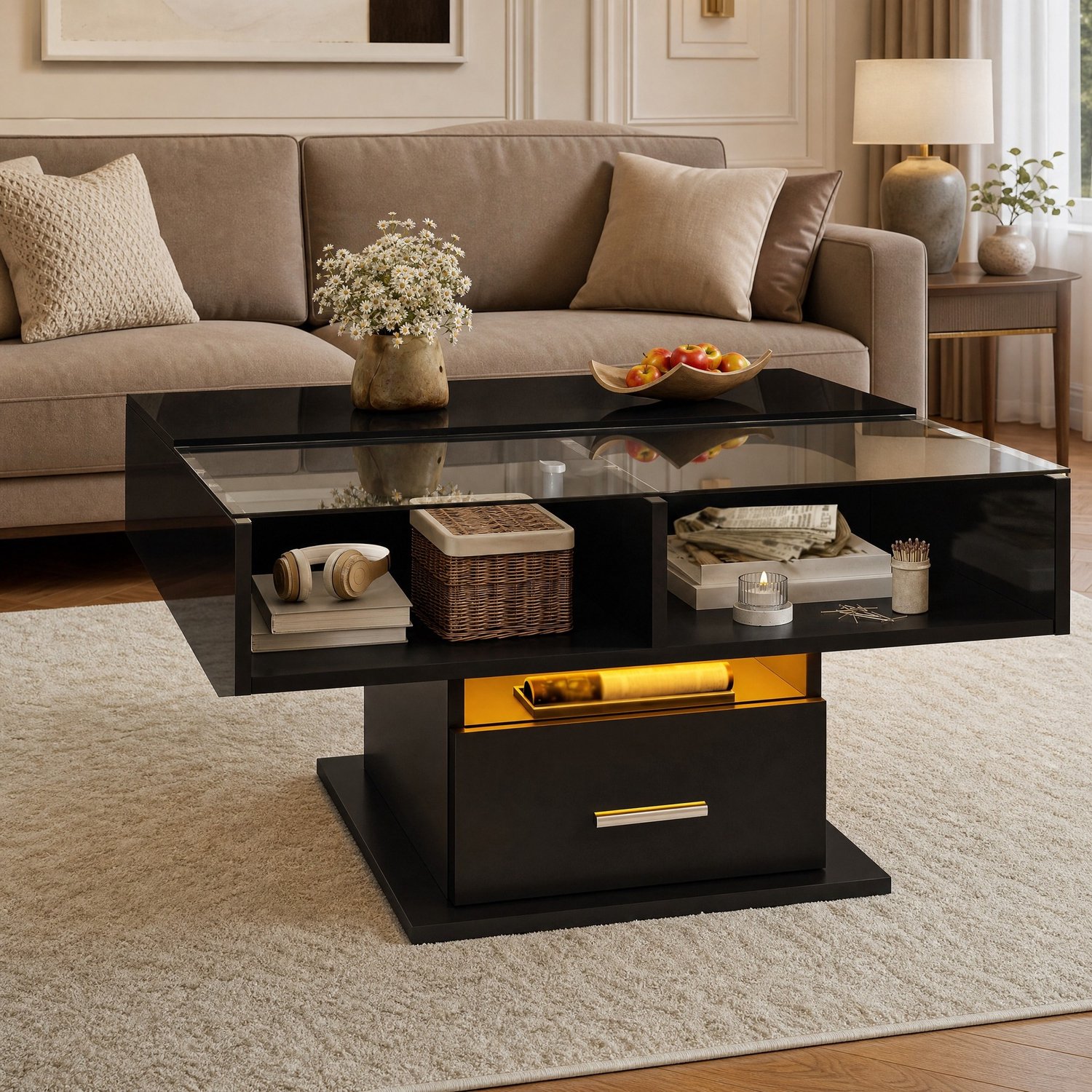 Maisentiel Salontafel 78 x 78 cm – in hoogte verstelbaar met LED en opbergruimte, zwart