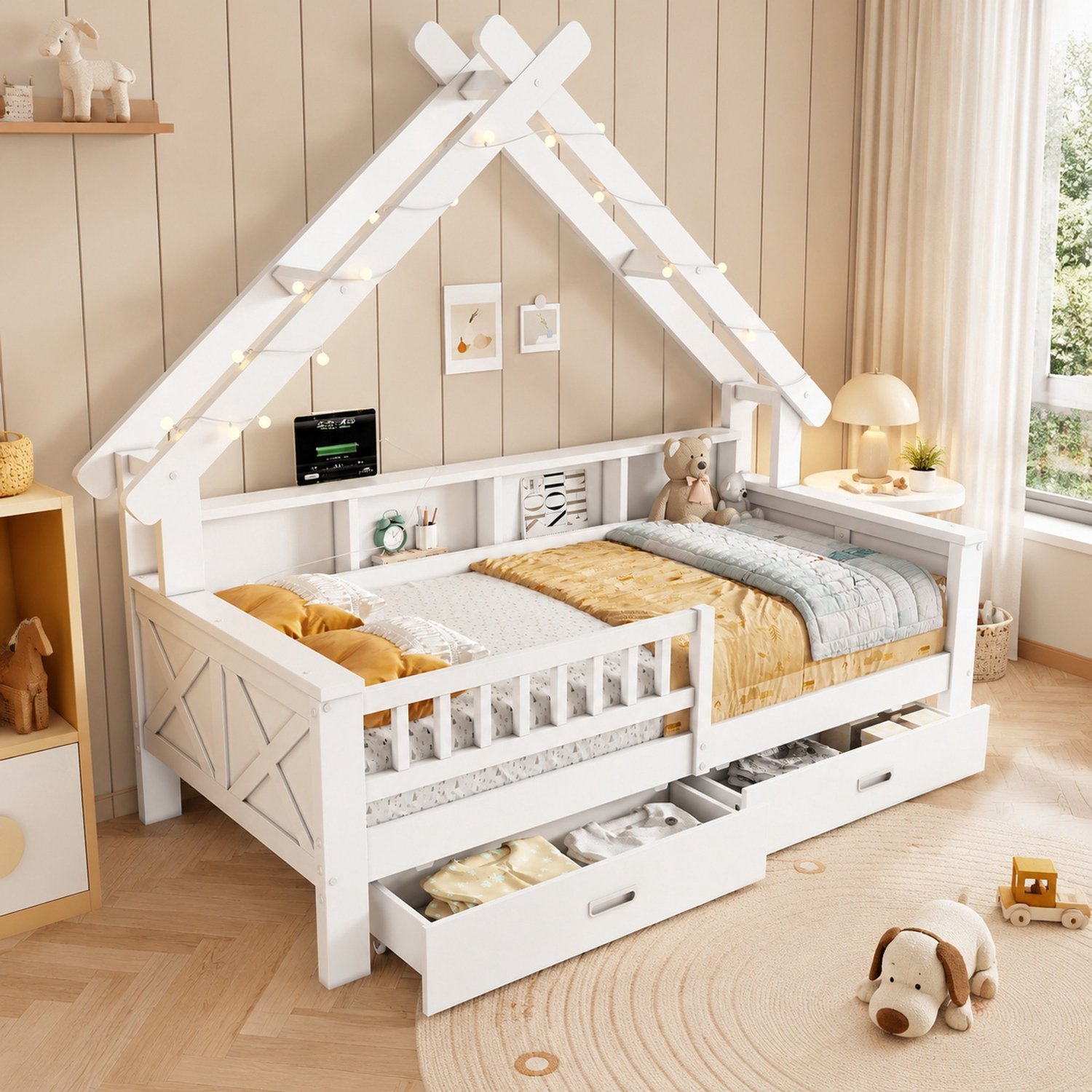 COVREO Huisbed met LED-verlichting – 205x97x179 cm – Kinderbed met 2 lades – planken en uitvalbeveiliging – Wit - zonder matras
