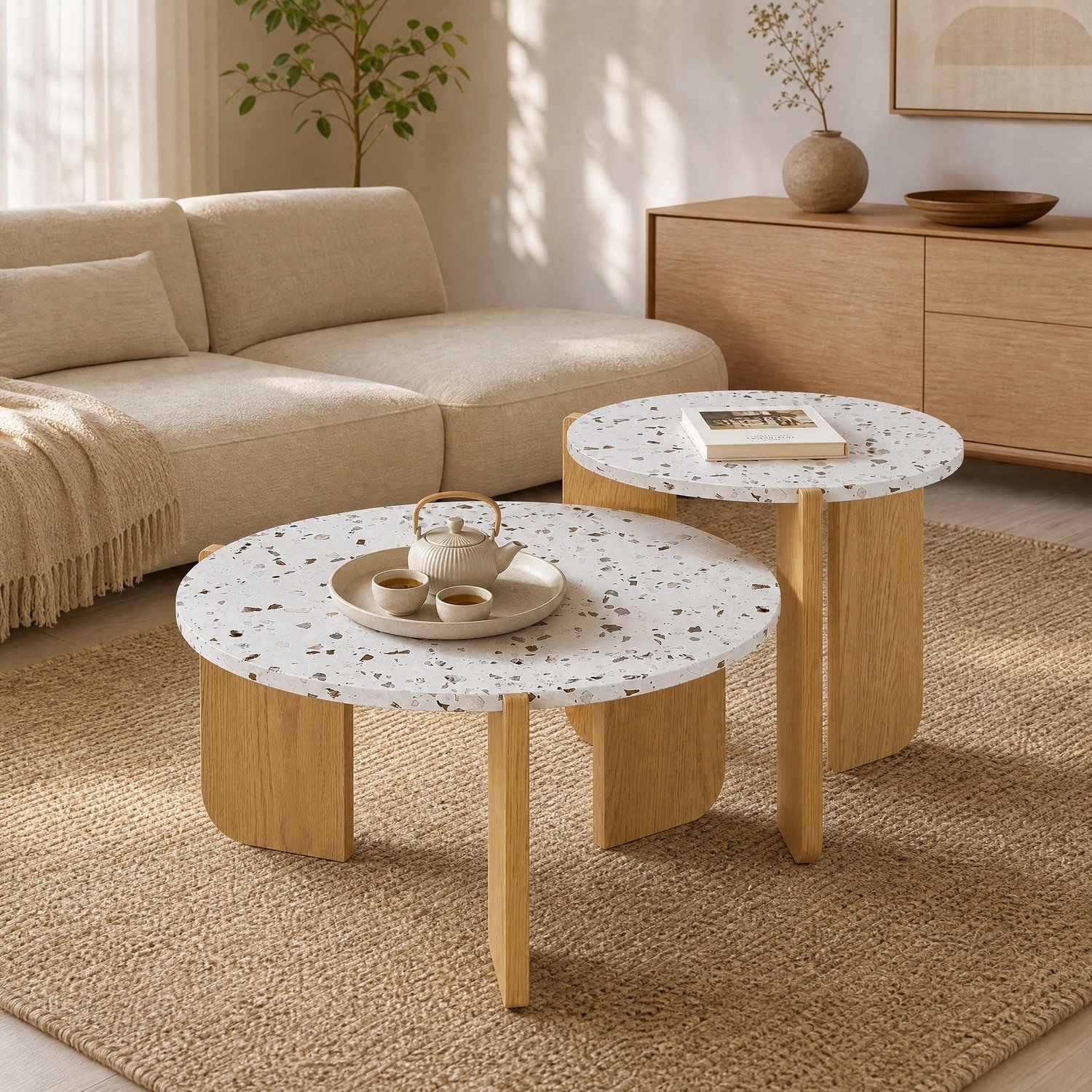 Maisentiel Salontafelset 2-delig - 70 en 50 cm - nesting design - MDF - wit en houtkleur