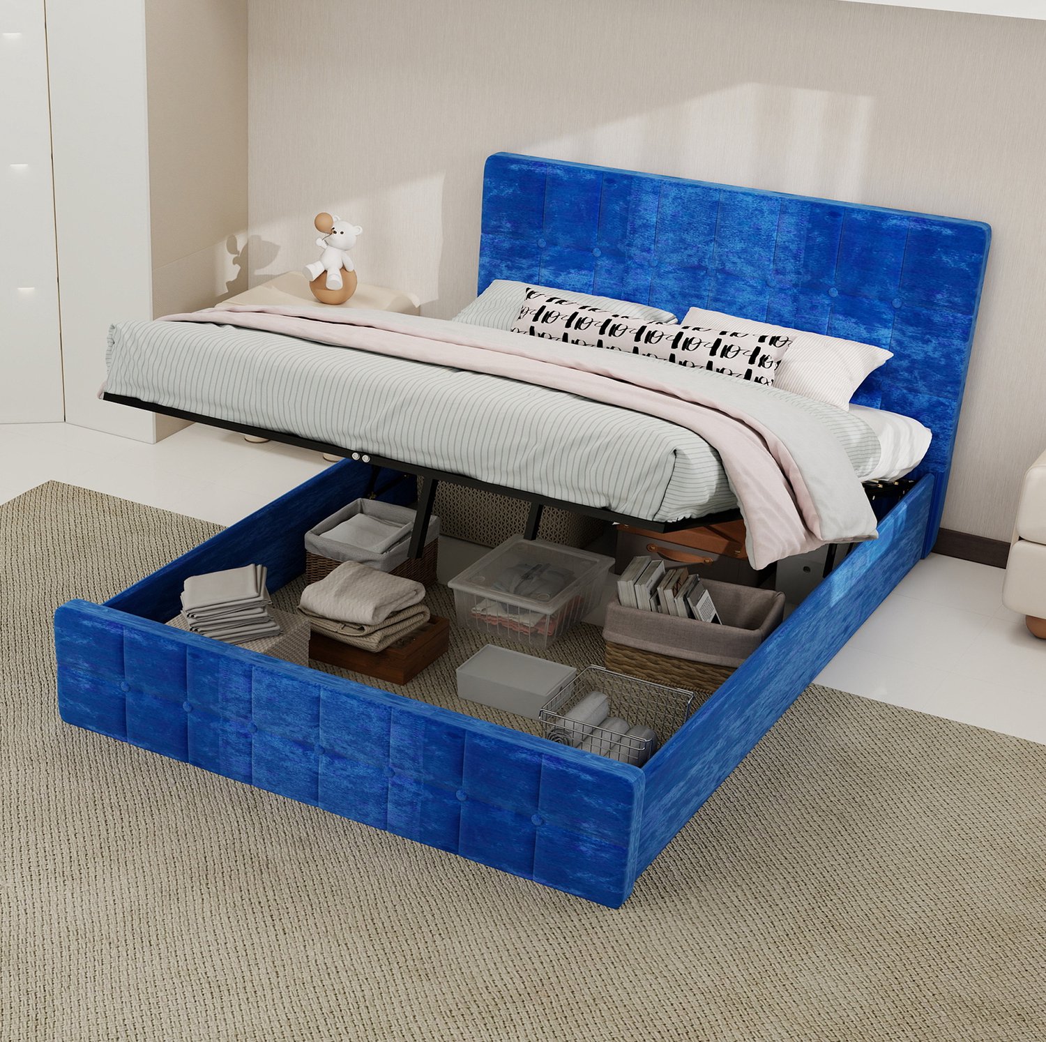 WUVRIE Opbergbed 140x200 cm - Fluwelen bekleding met hoofdbord en lattenbodem - Blauw