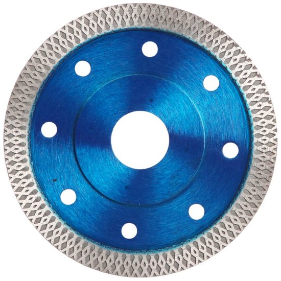 Blauwe 125mm diamanttegelschijf met een gekartelde snijrand en montagegaten.