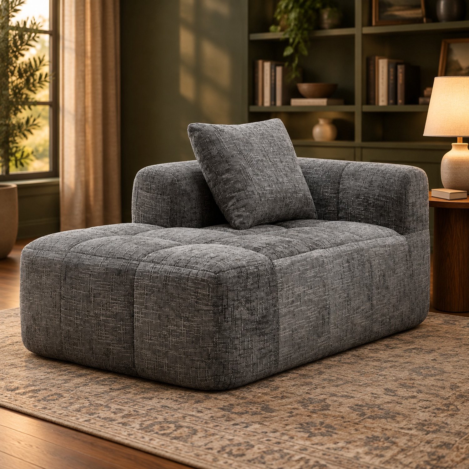 WUVRIE Chaise longue 158x90x60 cm - Met kussen, zijvakken en zonder montage - Grijs