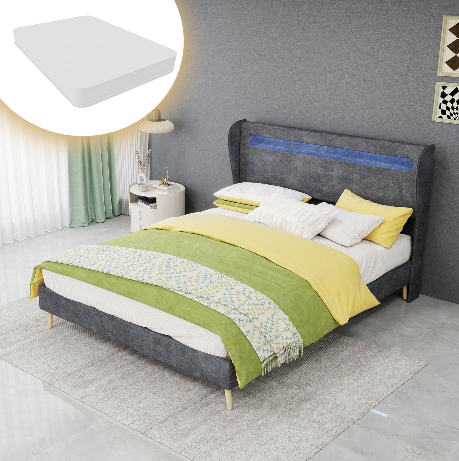 WUVRIE Gestoffeerd bed 140x200 cm - Verstelbaar LED-hoofdbord en matras inbegrepen - Grijs