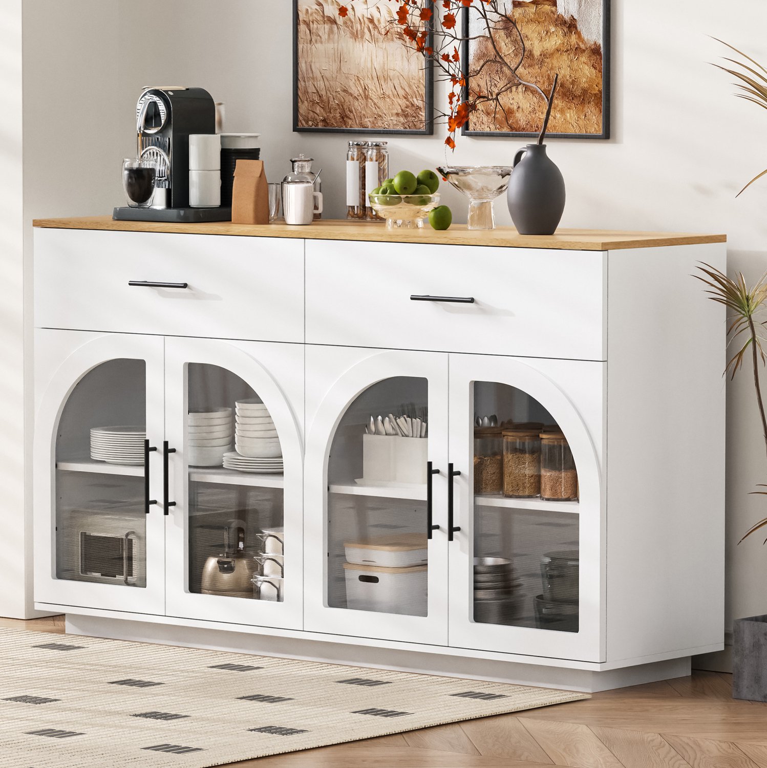 MIVRAY Keukenkast - LED-Verlichting Met Werkblad - 2 Laden En 4 Deuren Voor Keuken En Eetkamer - MDF - Wit En Natuurlijk - 147x40x86 Cm