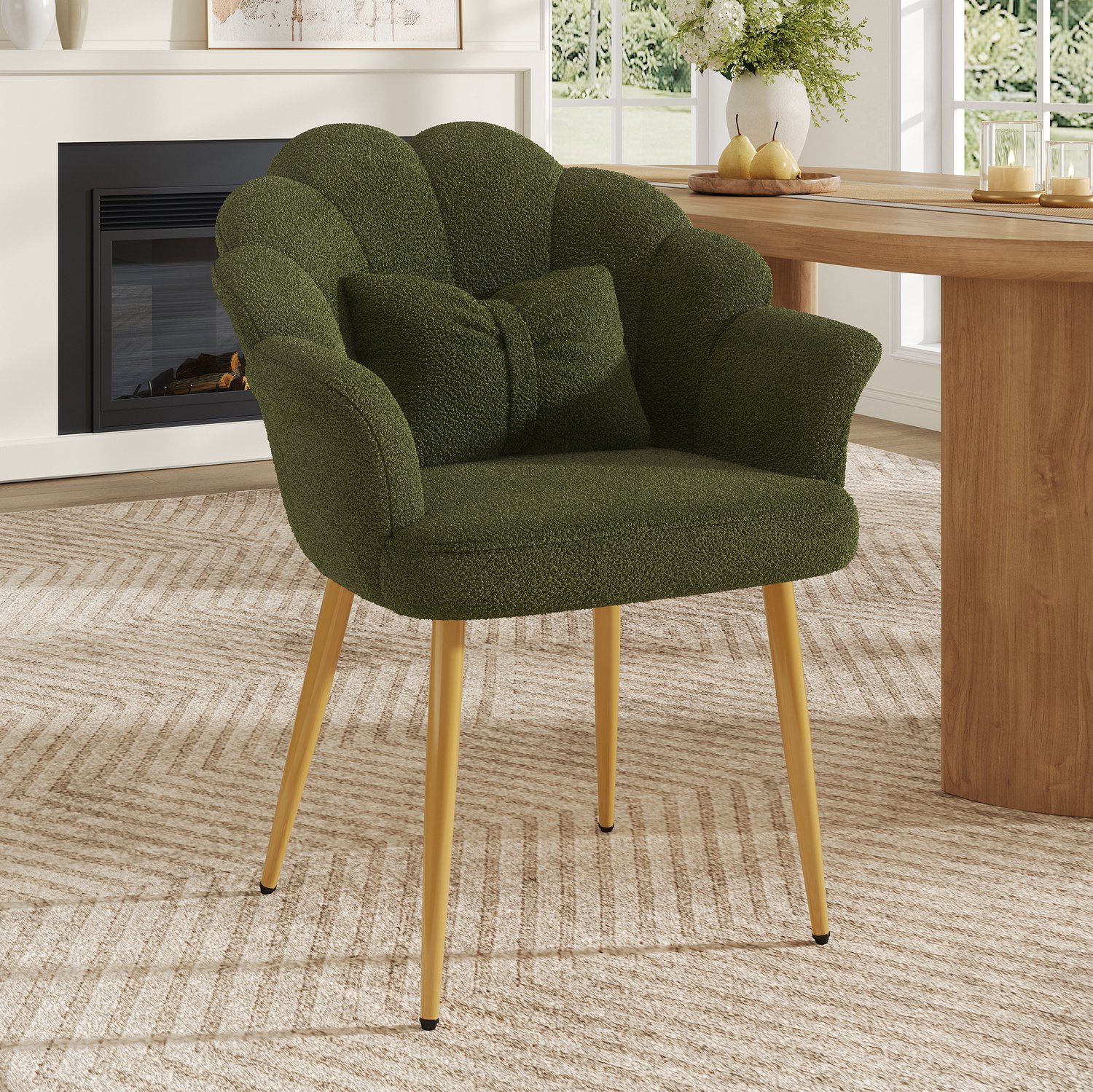 OKWISH Fauteuil 64 x 65,5 x 85 cm - Teddy Stof Met Armleuningen En Kussen - Voor Slaapkamer Of Eetkamer - Metaal - Groen