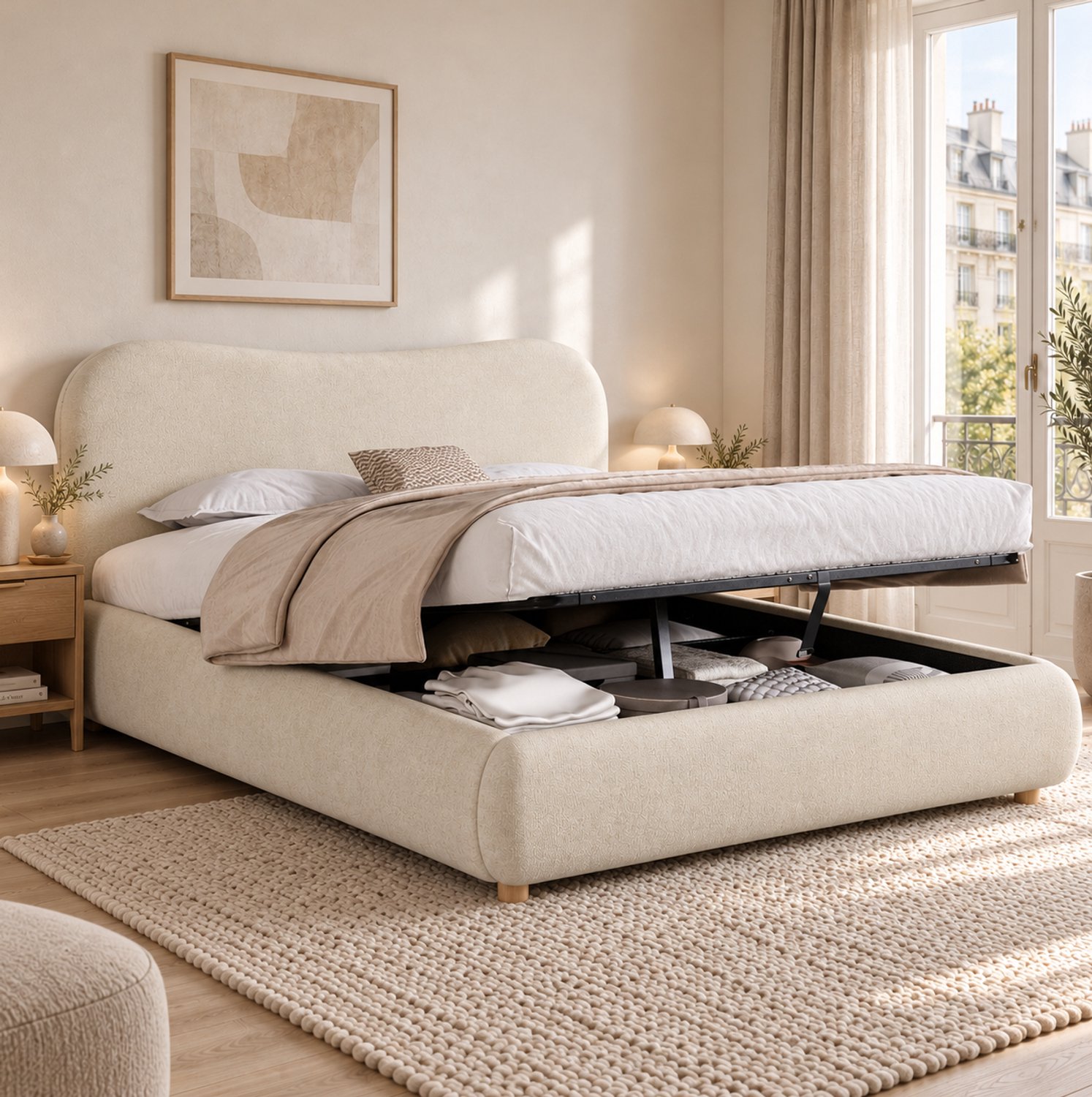 DESMIU Gestoffeerd Bed 160x200 cm – Hydraulisch Opbergbed Met Lattenbodem – Voor Slaapkamer – Chenille – Zonder Matras – Beige