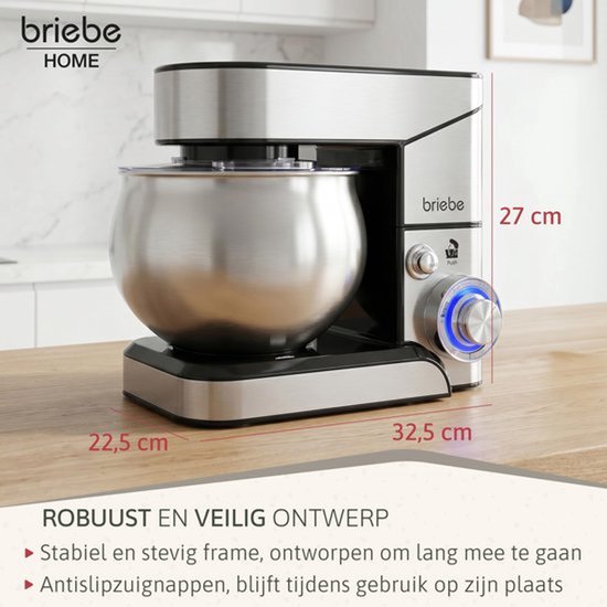 Keukenmachine 1800 W - 5 Liter Mengkom - Roestvrij Staal - 6 Snelheden Plus Pulsfunctie - Professionele Kneedmachine — afbeelding 5