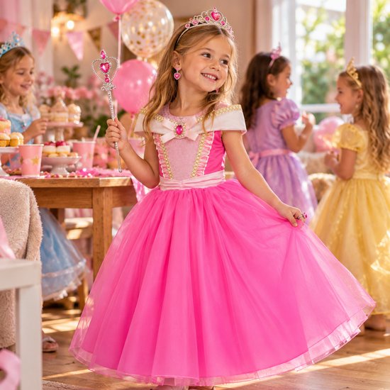 Meisje in roze prinsessenjurk met tule rok, tiara, staf en oorbellen op een verjaardagsfeest.