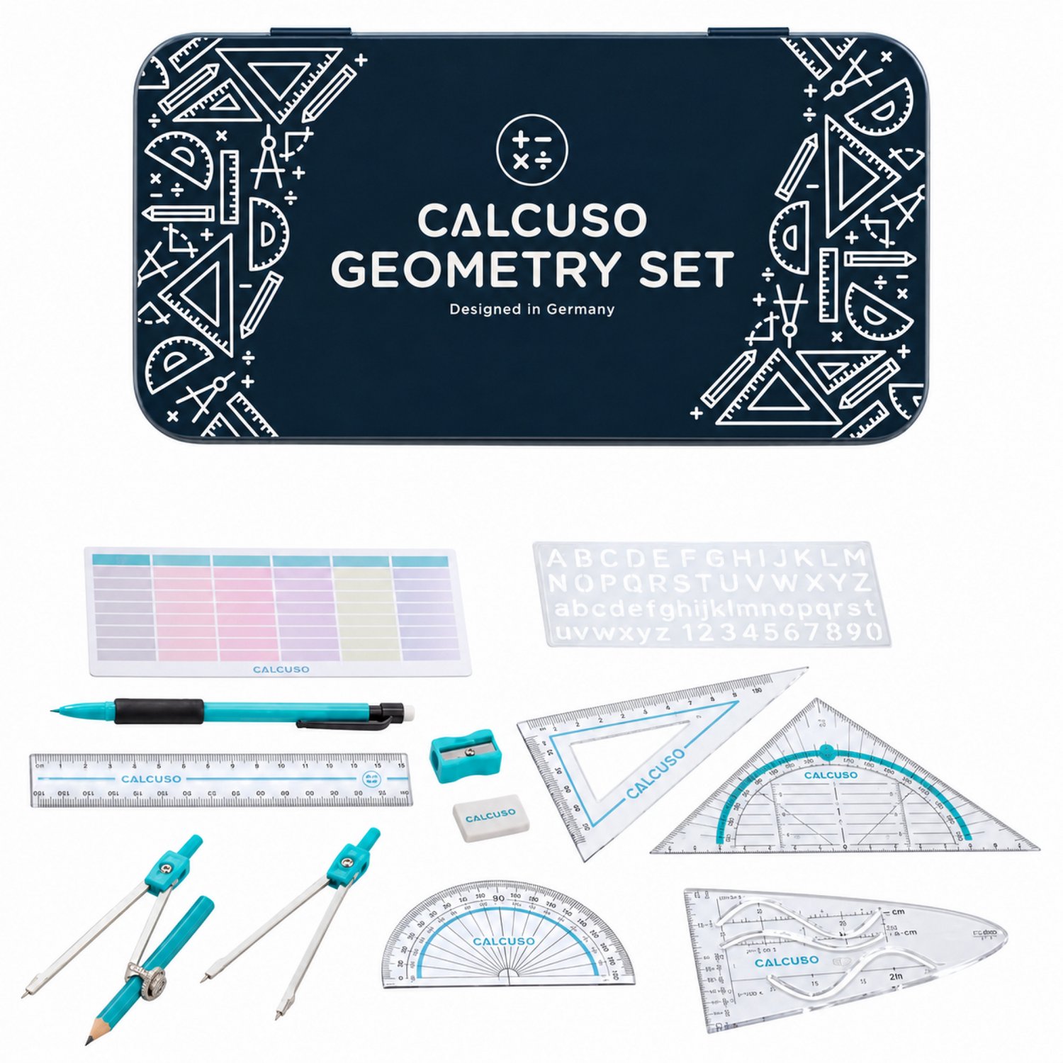Geodriehoek, Passer, Liniaal en Accessoire Set - Geometrieset 14-delig - in duurzame metalen doos - Donkerblauw