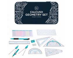 Geodriehoek, Passer, Liniaal en Accessoire Set - Geometrieset 14-delig - in duurzame metalen doos - Donkerblauw