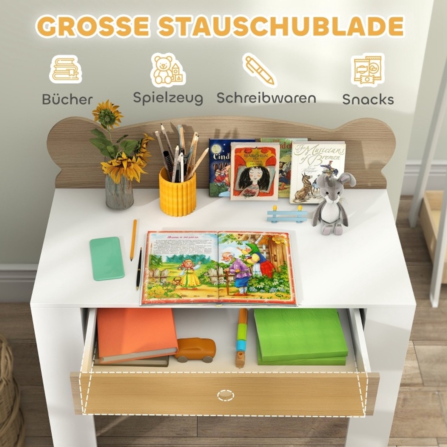 MIVRAY Kinderbureau Met Stoel - Berenvormige Rugleuning En Opberglade - Voor Lezen Tekenen En Knutselen - Hout - 80x41x74,5 Cm - Naturel