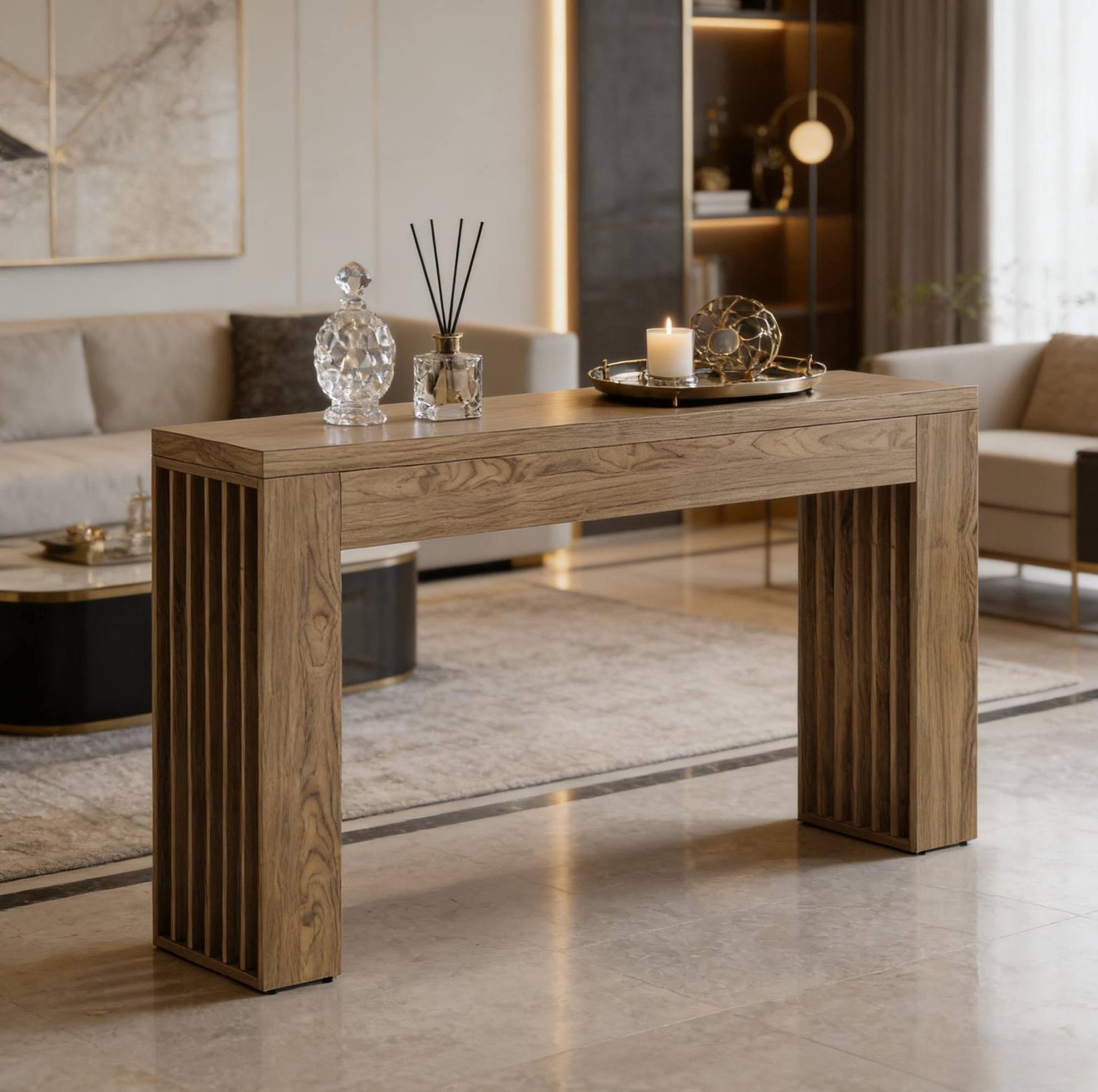 WUVRIE Sidetable 150x30x80 cm - MDF met houtlook en verticale lamellen - Bruin