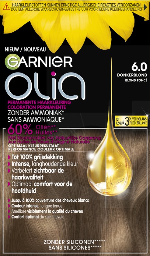 Coloration Garnier Olia 6.0 Blond Foncé aux huiles de fleurs. La boîte montre une goutte dorée et un avertissement de test allergique.