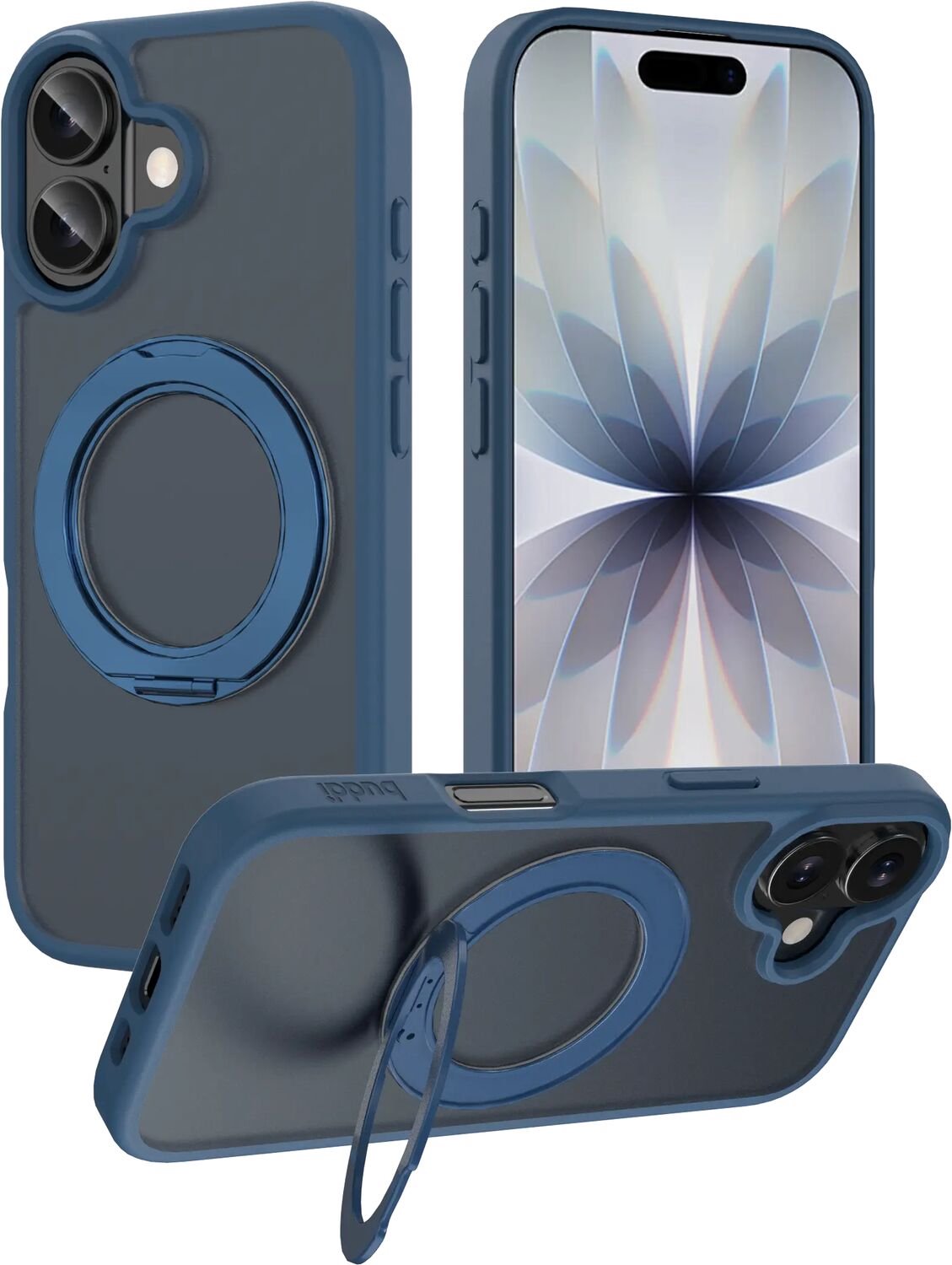 Buddi Frost Hoesje Geschikt voor Apple iPhone 17 - Mat Donker Blauw - Met Ring Stand - MagSafe Back Cover - Matchende kleur - Met 360° Draaibare Standaard - Shockproof - Slank