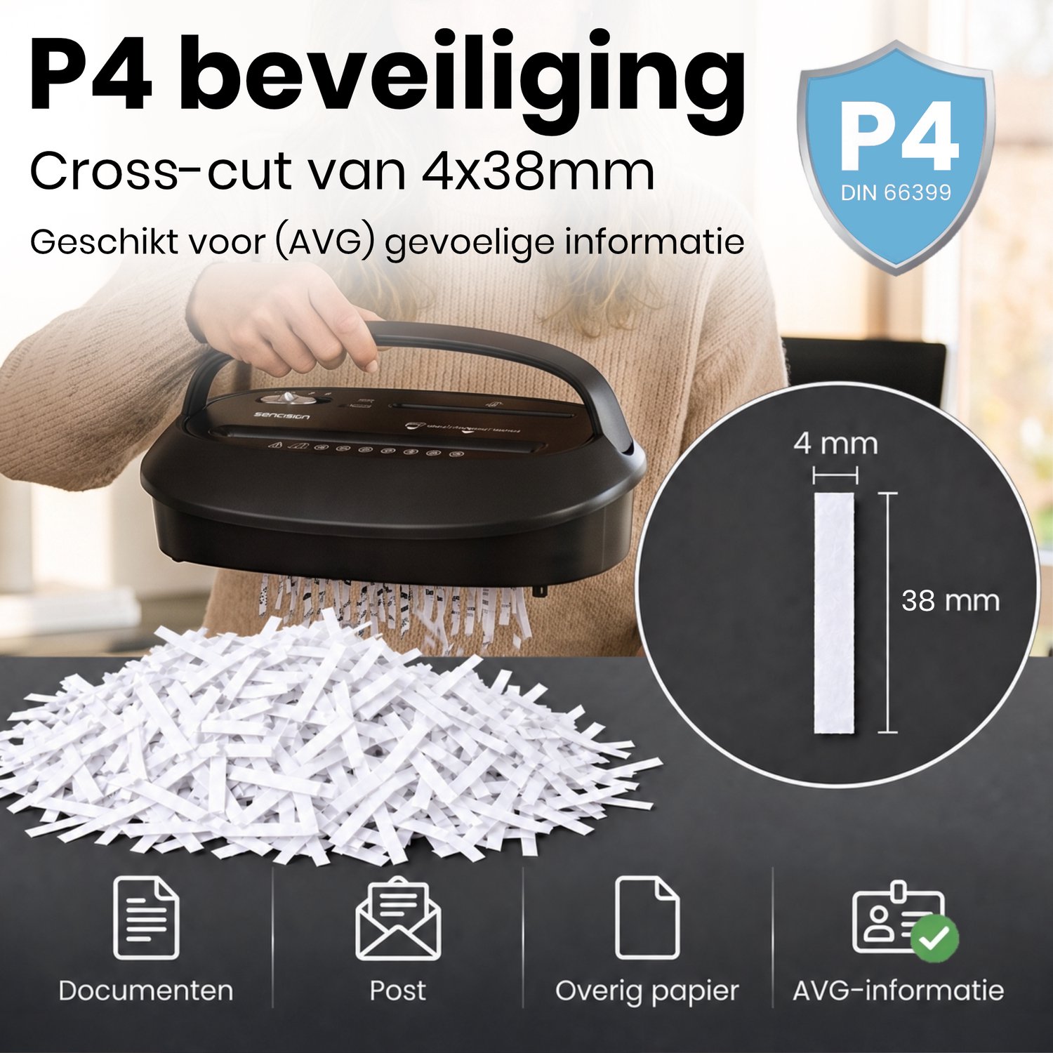 Sencision Papierversnipperaar voor Thuis - P4 Cross-Cut tot 12 Vellen - Versnipperaar voor Papier - Papiervernietiger - 25L - Incl. Olievellen - Zwart thumbnail 4