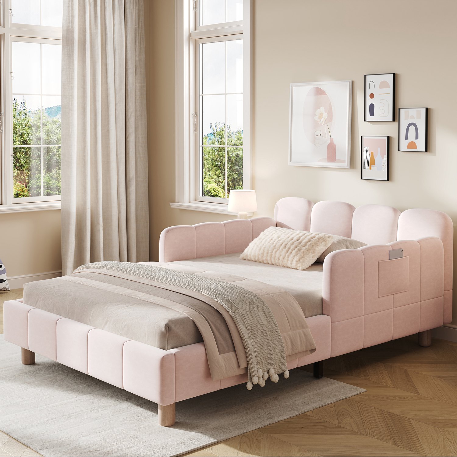 CHICFURN Kinderbed 90 x 200 cm - fluweel - uitvalbeveiliging - roze