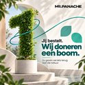 Een boom gevormd als cijfer 1, met het logo MR. PANACHE en tekst over bomen doneren.