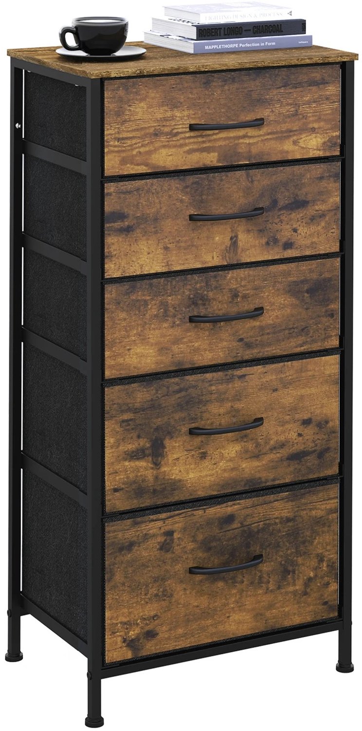 Nyoz ladekast - Opbergkast - Dressoir - 5 lades - 95,5 cm hoog - Smal - Tot 65 kg draagvermogen - Vintage houtlook - Stoffen lades