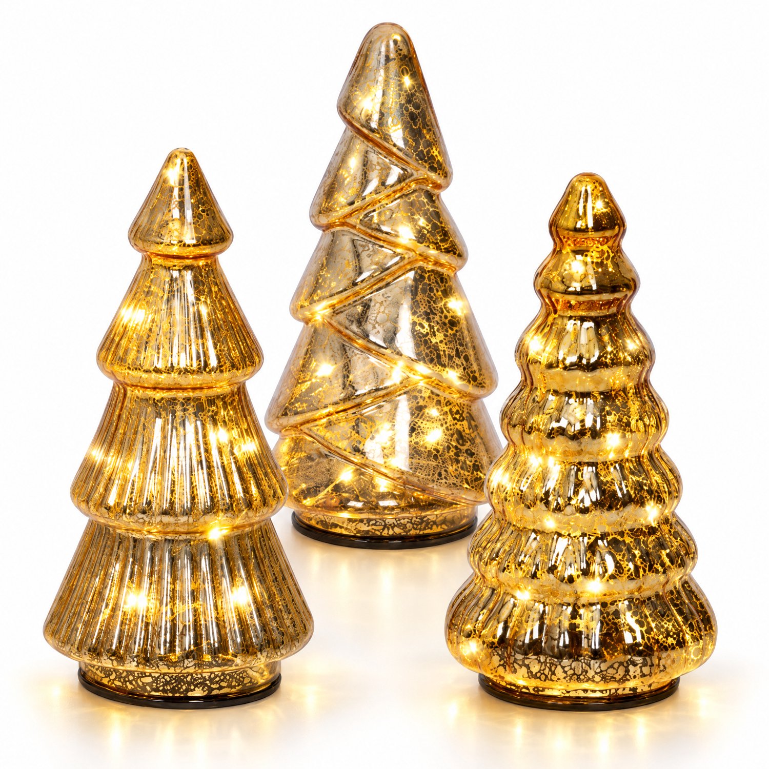 Cheqo® Glazen Kerstbomen Set van 3 met LED Verlichting - Verlichte Kerstboom - Kerstboompjes - Kerstdecoratie - Kerstversiering - Decoratieve Kerstboom - Kerstverlichting voor Binnen - Kerst Tafeldecoratie - Verlicht Kerstfiguur - Goud