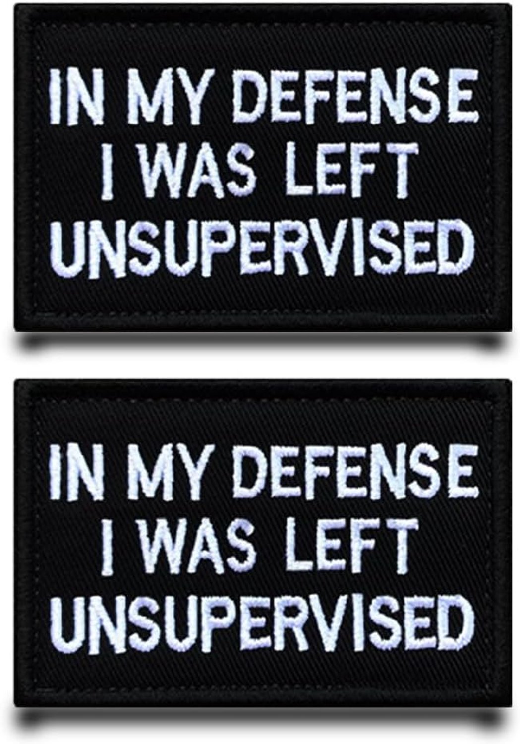 2 stuks "In My Defense I was Left Unsupervised" grappige vlagpatch afneembare patches met Borduurwerk tactische militaire patch applicatie voor rugzakken jas tassen vest kleding