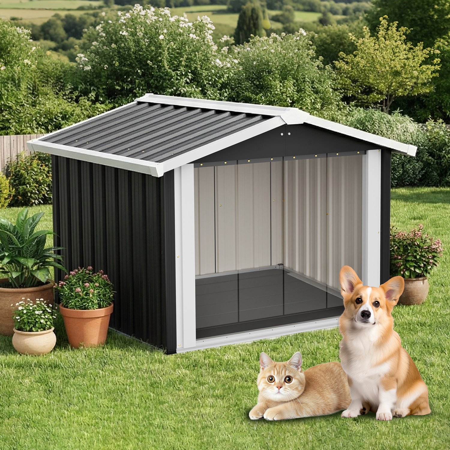 Hondenhok voor buiten - Waterdicht met schuin dak en ventilatie - Voor middelgrote en grote honden - Zwart metaal - 102,4 x 91 x 84,7 cm