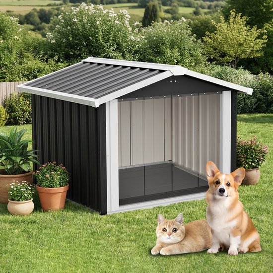 Hondenhok met een corgi en een kat op het gras buiten, met bloempotten en een tuin op de achtergrond.