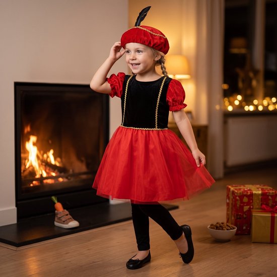 Meisje in rood-zwarte Pietenjurk voor een open haard, met cadeaus en een wortel voor het paard.