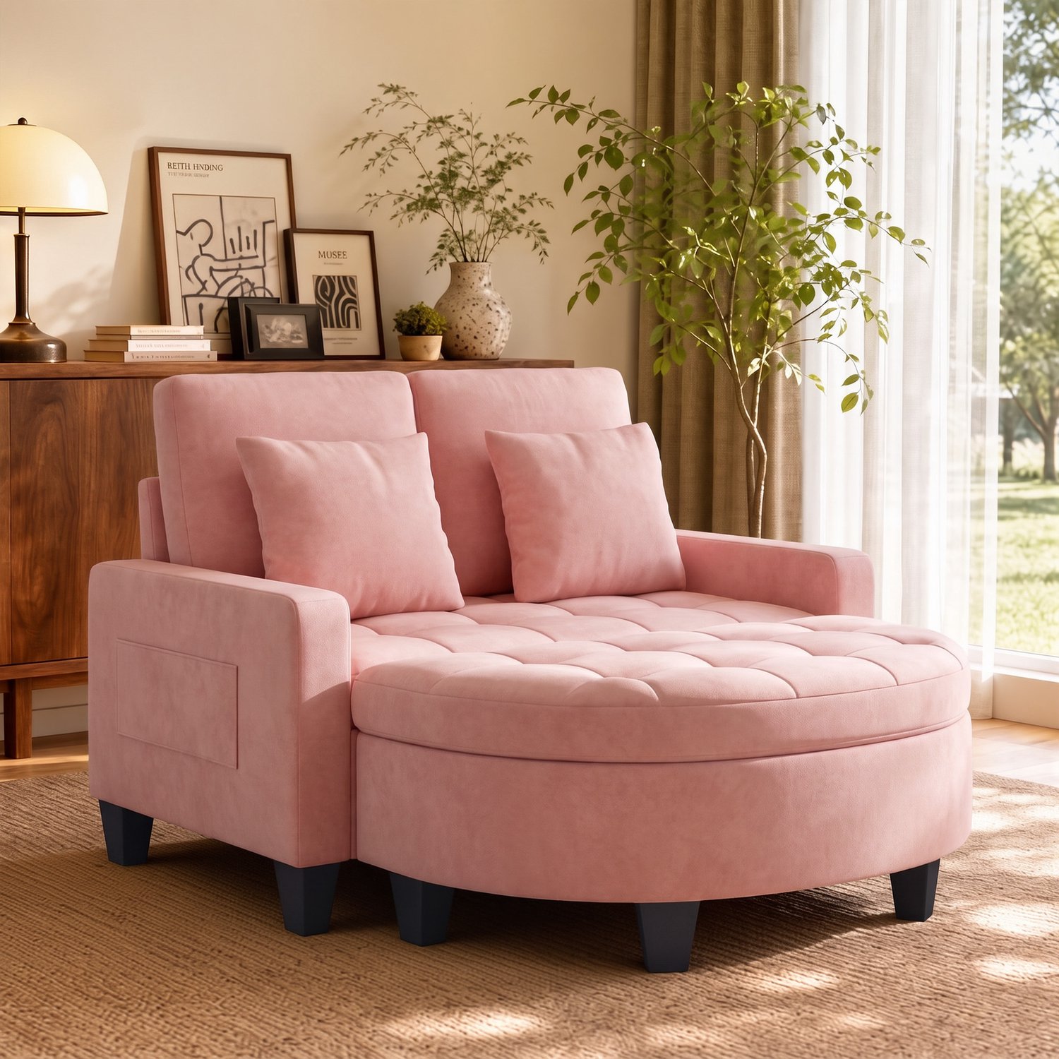 Xbro Zitbank 2 zits met Voetenbank en Opbergruimte – Loungebank met 2 Kussens, Comfortabele 2-zitsbank – Roze