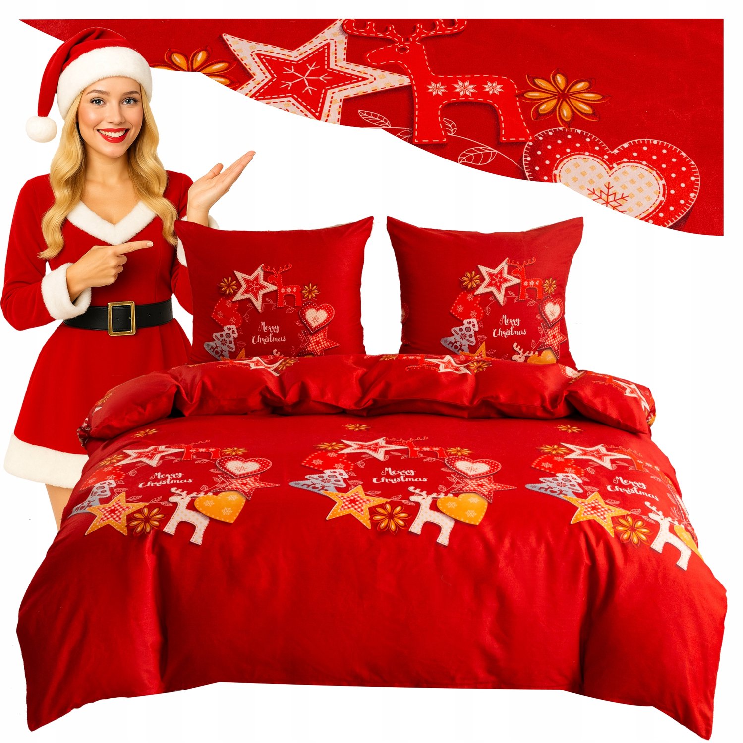 Kerst Dekbedovertrek Set 160x200 cm Rood met 2 Kussenslopen