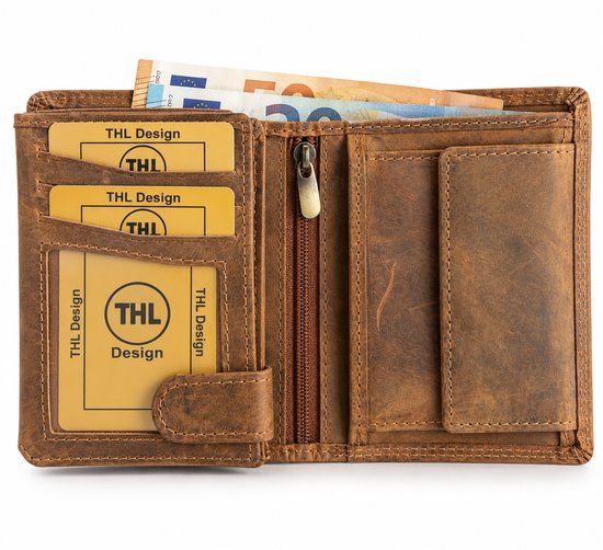 Bruine vintage leren heren portemonnee, geopend om vakken met pasjes en briefgeld te tonen. Twee doorzichtige vensters.