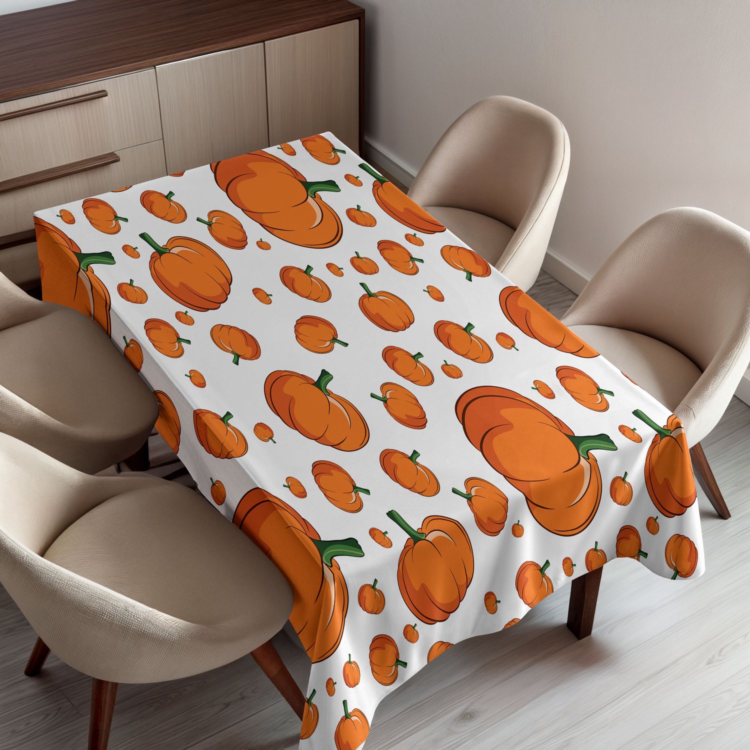 ABAKUHAUS Oogst Tafelkleed, Halloween Geïnspireerd Patroon met Levendige Cartoonachtige Mollige Pompoenen, Rechthoekig Tafelkleed voor Eetkamer Keukendecoratie, 130 x 150 cm, Oranje Groen Wit