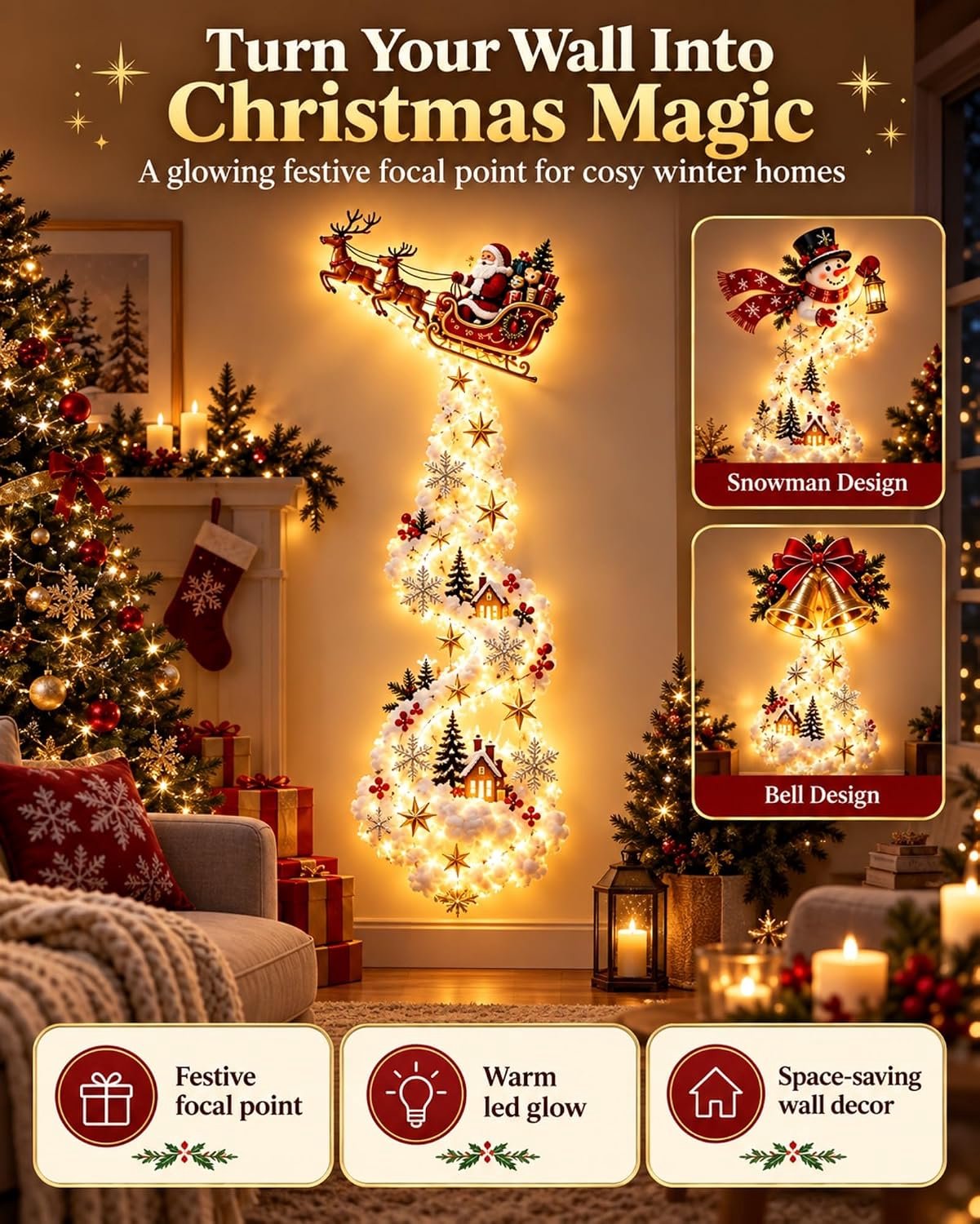 Wandlamp - Kerstversiering - Led Lights - Kerstthema - De Kerstman - Feestelijke sfeer - Verlichting - Lampjes Slinger - Led Lights - Geschikt voor kerstdiners, familiebijeenkomsten en feestjes tijdens de feestdagen - Verrassingscadeau - rood – foto 4