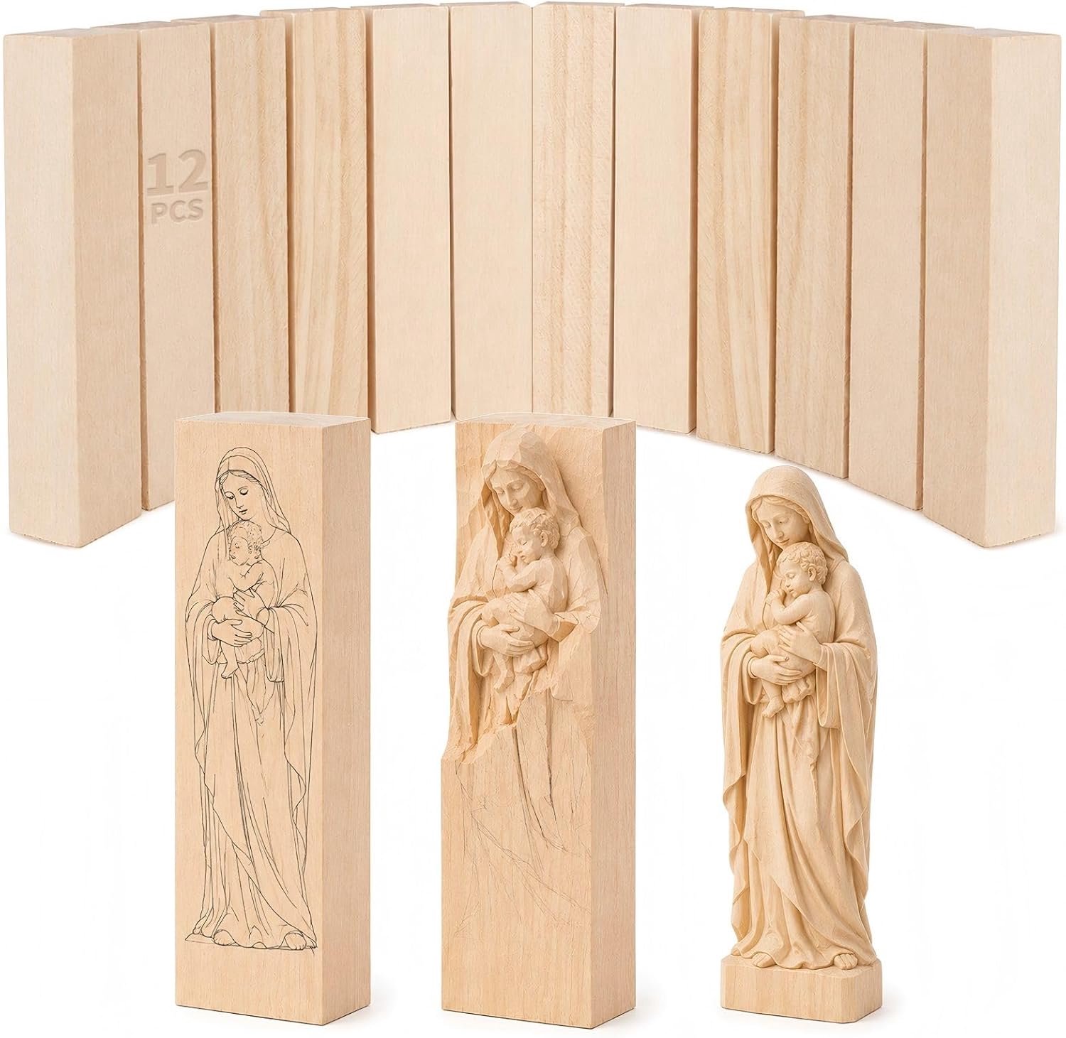 12 stuks houtsnijhout lindehouten blokken (10 x 2,5 x 2,5 cm)