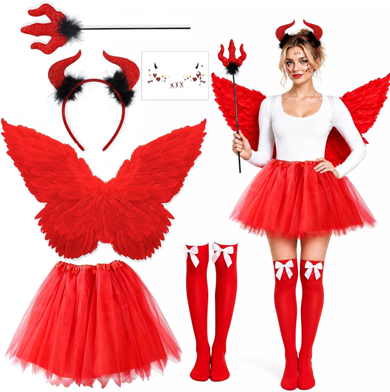 Engelkostuum voor dames, duivel, engelenvleugelkostuum, halloweenkostuum voor dames, engelenvleugels, zwart, met tutu-rok, duivelshoorns, hoofdband, toverstaf voor carnaval, themafeest
