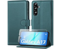 Ivencase Beschermhoes voor Samsung Galaxy A17 met gehard glas, magnetische PU-lederen hoes (Portemonneevak) hoes met standfunctie voor video, creditcardhouder met klep voor Samsung A17, turquoise