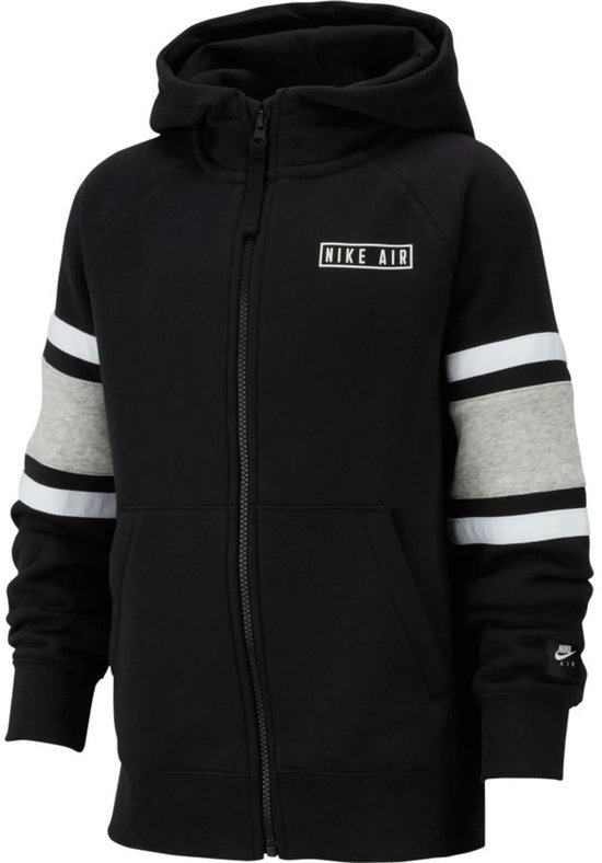 Zwarte Nike Air vest met rits, capuchon, grijze mouwbanden en witte strepen.