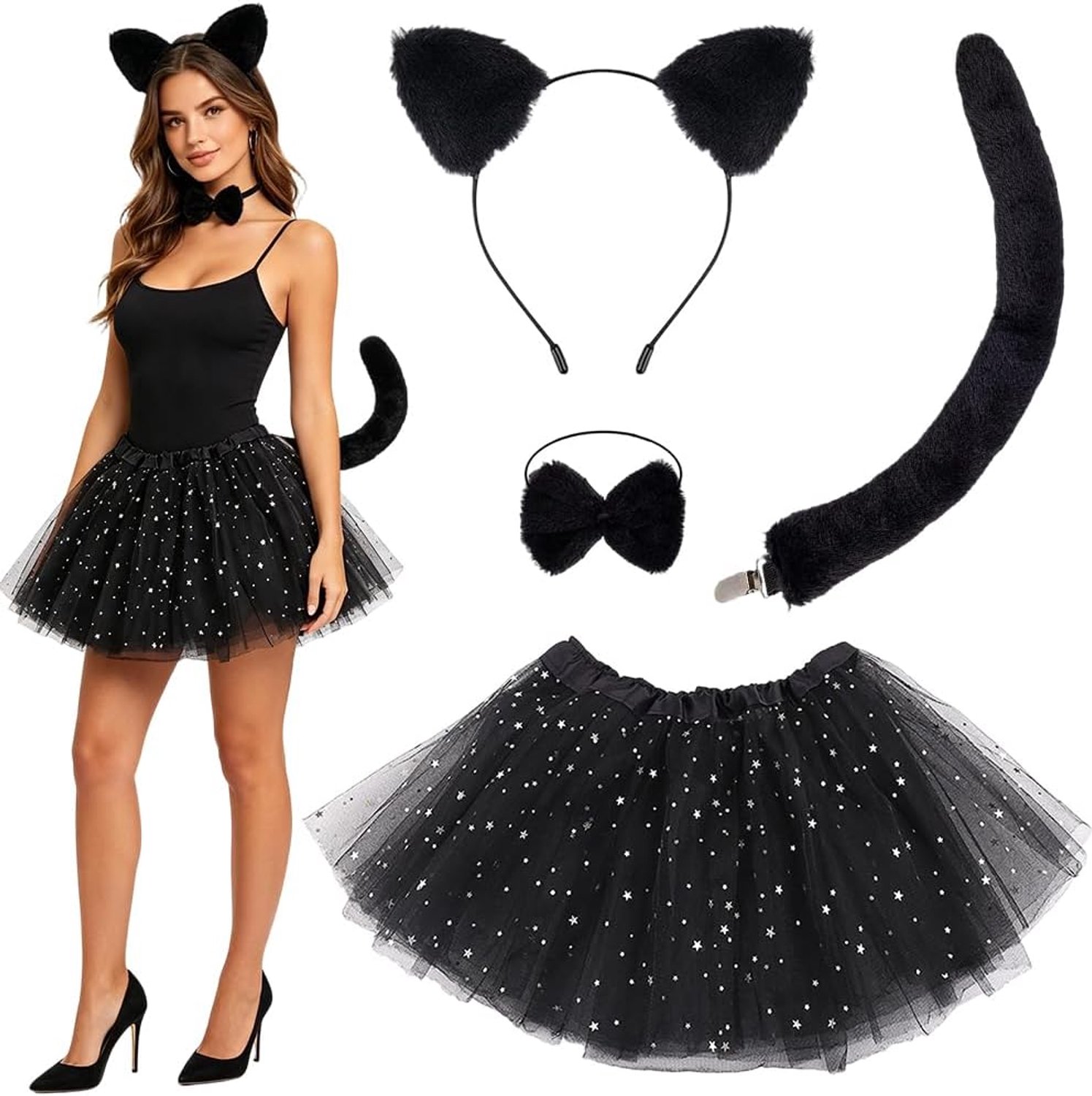 Cosplay set, kattenkostuumaccessoires, stropdas, harige kattenoren, pluche rokken voor kattenpoten, staart, voor Halloween carnaval cosplayfeesten - 4 stuks