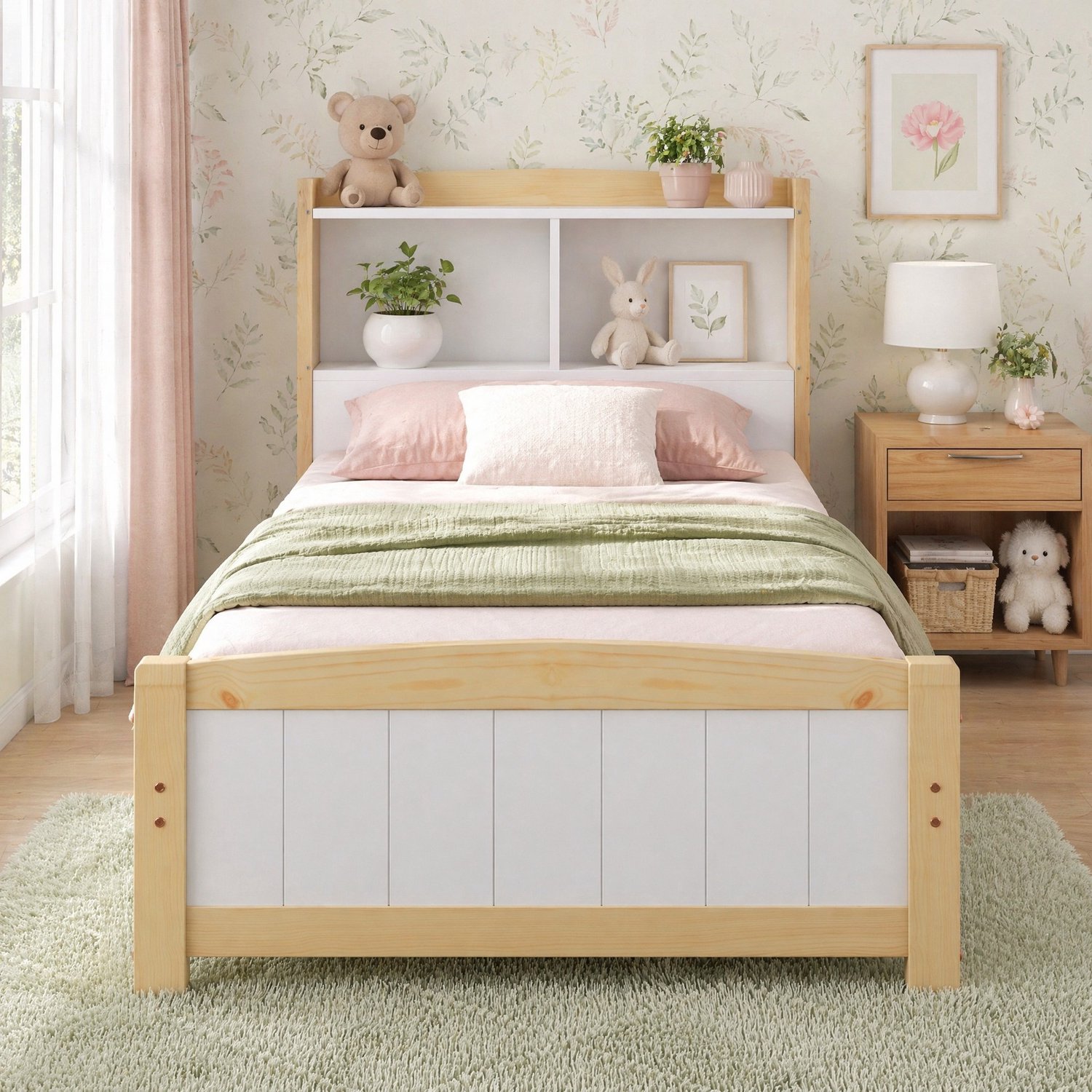 CHICFURN Eenpersoonsbed 90 x 200 cm - opbergkopbord - lattenbodem - wit